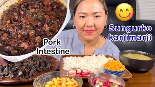 Sugurko andra bhudi mukbang  mango pickle  mulako achar American dal bhat pork intestine ASMR [upl. by Trillby823]