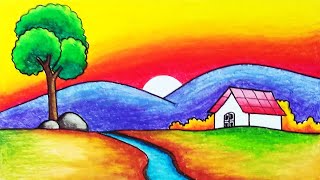 How To Draw Easy Scenery  Drawing Sunset River And Mountain Scenery With Oil Pastels [upl. by Orianna548]