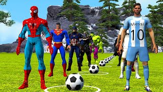 SpiderMan challenge of kicking the ball and hitting the target vs Ronaldo vs Messigame 5 superhero [upl. by Colline275]