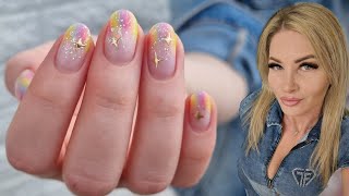 Rainbow ombre tip nail art with glitter encapsulation Fiber gel in bottle application [upl. by Matless]