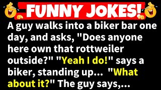 🤣FUNNY JOKES  A guy walks into a biker bar and asks quotDoes anyone here own that rottweiler [upl. by Aziul]