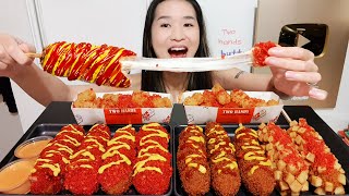 SUPER CHEESY KOREAN CORN DOGS Two Hands Corndog Spicy Cheetos Corn Dogs Tater Tots  Mukbang Asmr [upl. by Nytsud]