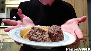 Eating Greek Roasted Burgers with potatoes 4  Panos ASMR Greek Mukbang [upl. by Alahsal]