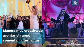 ¿Nueva tradición Novia imita a la monja viral para aventar el ramo en su boda [upl. by Ledairam]