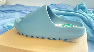 UnboxingReviewing The Yeezy Slides Slate Marine [upl. by Boycey]