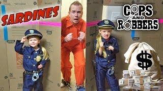 SHACKLED SARDINES in a HUGE BOX FORT MAZE Cops and Robbers Family Hide and Seek Game [upl. by Eibmab461]