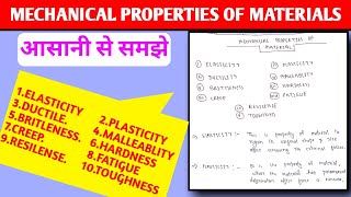 MECHANICAL PROPERTIES OF MATERIALS  ELASTICITY  DUCTILE  CREEP  FATIGUE  HARDNESS ETC [upl. by Mathe]