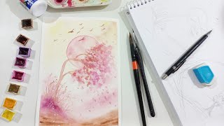 Pintura de uma Paisagem Simples em Aquarela com Estudo de Composição [upl. by Laikeze8]