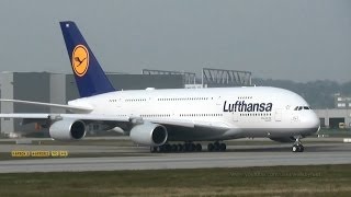 Two planes on the runway  takeoff of Lufthansa A380 DAIMK for delivery flight [upl. by Ennoved908]