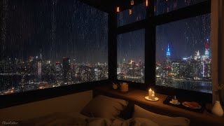 Cozy Bedroom With A Night View Of New York In Heavy Rain  Rain Sounds Rain On Window [upl. by Irrabaj]