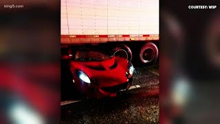 Sports car hydroplanes under semitruck on I5 near Arlington [upl. by Higley431]