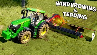 Farming Simulator 19  WINDROWING amp TEDDING  John Deere 7R Series amp MF 7700 [upl. by Lednahc278]