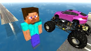 Open bridge Jumps over huge Steve from Minecraft Jumping crashes  Beamng drive [upl. by Linn]