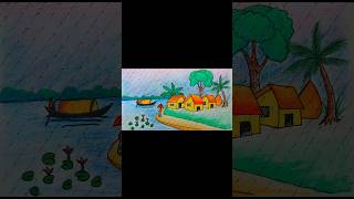 Beautiful village scenery drawing  easy sunset drawing with oil pastels  prakritik drishya drawing [upl. by Dlonra753]