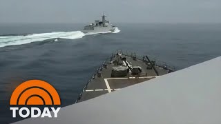 Video shows Chinese warship crossing path of US Navy destroyer [upl. by Namie]