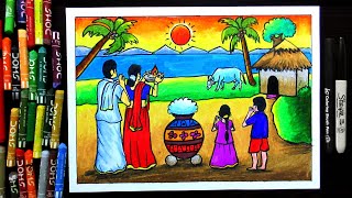 How to Draw Easy Pongal Festival Drawing Competition for Beginners and School Students [upl. by Burhans]