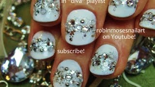 Easy White Nails covered in Bling  Short Nail Art for beginners Design Tutorial [upl. by Atibat]