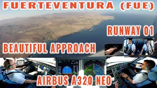 FUERTEVENTURA FUE  Beautiful approach  landing from the cockpit  Airbus A320 NEO  Runway 01 [upl. by Boni]