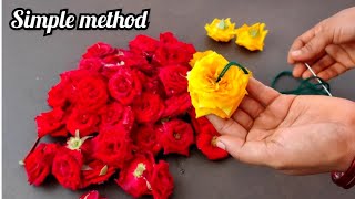 10 நிமிடத்தில் பூ கட்ட தெரியாதவங்க கூட ரொம்ப அழகா ரெடி பண்ணலாம் Rose garland making red rose malai [upl. by Walcoff]