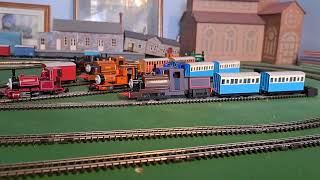 Bachmann Peter Sam and Bachmann Rusty pulling 4 slate wagons with blue brake van [upl. by Zola307]