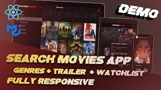 Movies Searching App in ReactJS  genres  trailer  watchlist  fully responsive  TMDB API [upl. by Seiuqram]