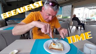 Greece Kalamaki Breakfast at our hotel Banter and viewer shout outs food fun travel breakfast [upl. by Quinby]