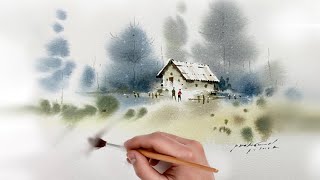 Simple watercolor technique  wet on wet water color  water color landscape [upl. by Ahsinrats]