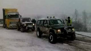 Wrangler Cherokee and GClass vs Volvo 18 wheeler [upl. by Ellinnet]