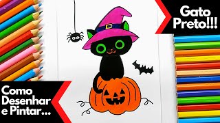 Como Desenhar e Pintar Gato Preto em cima de uma Abobora Halloween [upl. by Lindi354]