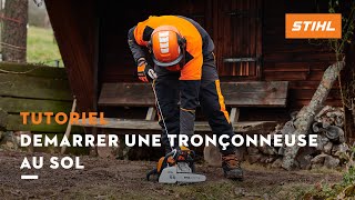 Tronçonneuse thermique MS 170 STIHL  Démarrer une tronçonneuse au sol [upl. by Eimas]