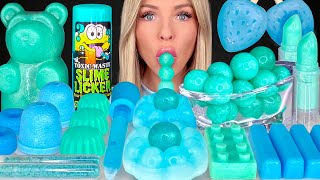 ASMR MUKBANG Teal Blue Dessert Edible Slime Blue Raspberry Drink Gummy Bear Strawberry Wax 먹방 [upl. by Lonni]