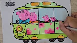 Tô màu gia đình heo Peppa đi ô tô Drawing and coloring Peppa Pig and her family in the car [upl. by Sucramed]