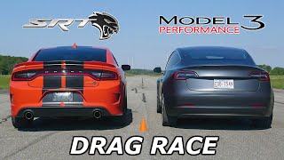 DRAG RACE  Dodge Charger SRT Hellcat vs Tesla Model 3 Performance  Throttle House Track Series [upl. by Marcia]