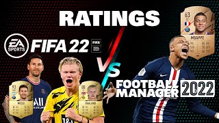 FIFA 22 VS FOOTBALL MANAGER  RATINGS COMPARE FT Messi Ronaldo Haaland Moukoko Sancho [upl. by Seko20]