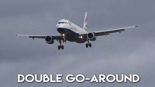 DOUBLE GOAROUND  Storm Doris British Airways Airbus A320 at London Heathrow [upl. by Hceicjow62]