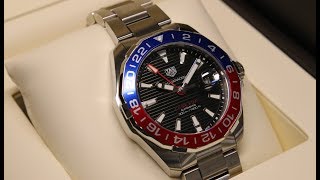 Tag Heuer Aquaracer Calibre 7 GMT quotPepsiquot  Review  WAY201FBA0927  OlfertampCo [upl. by Nydnarb]