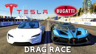 BUGATTI BOLIDE VS TESLA ROADSTER DRAG RACE  Assetto Corsa [upl. by Alahc]