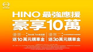 HINO年末最強應援「豪享10萬」選購500及700系貨車享10萬元、拖車頭送30萬元購車金！ [upl. by Erdnaek49]