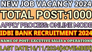 IDBI Bank Recruitment New Job Vacancy Apply 2024executive sales and operationssumonta official [upl. by Llevrac]