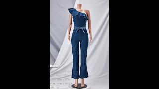 S3XL summer new plus size microelastic one shoulder ruffle stylish denim jumpsuit with CA001767 [upl. by Enilegna177]