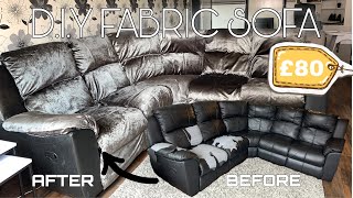 DIY FABRIC SOFA  HOW TO REUPHOLSTER  NO SEW  SOFA REVAMP TUTORIAL  LEATHER CHAIR TO FABRIC [upl. by Avid]