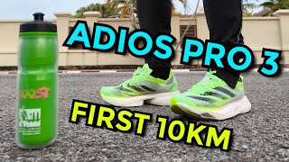 ADIDAS ADIOS PRO 3 REVIEW 10KM PERTAMA [upl. by Akirre]