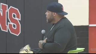 “Life is hard but we’re harder” NWA Champion Tyrus visits Moundsville Middle School [upl. by Surtemed]